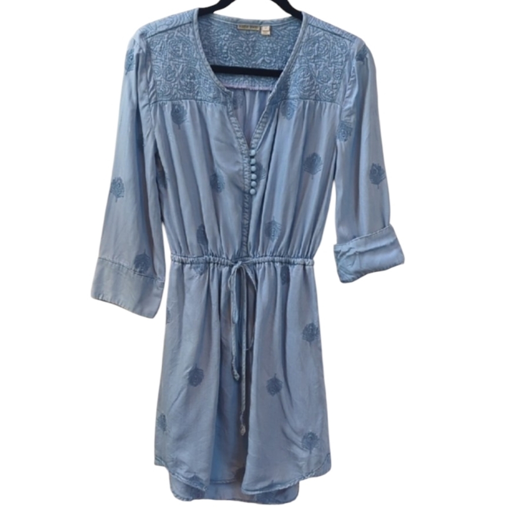 Embroidered Chambray Light Blue Dress, Holding Horses, Anthropologie.Sm, Petite